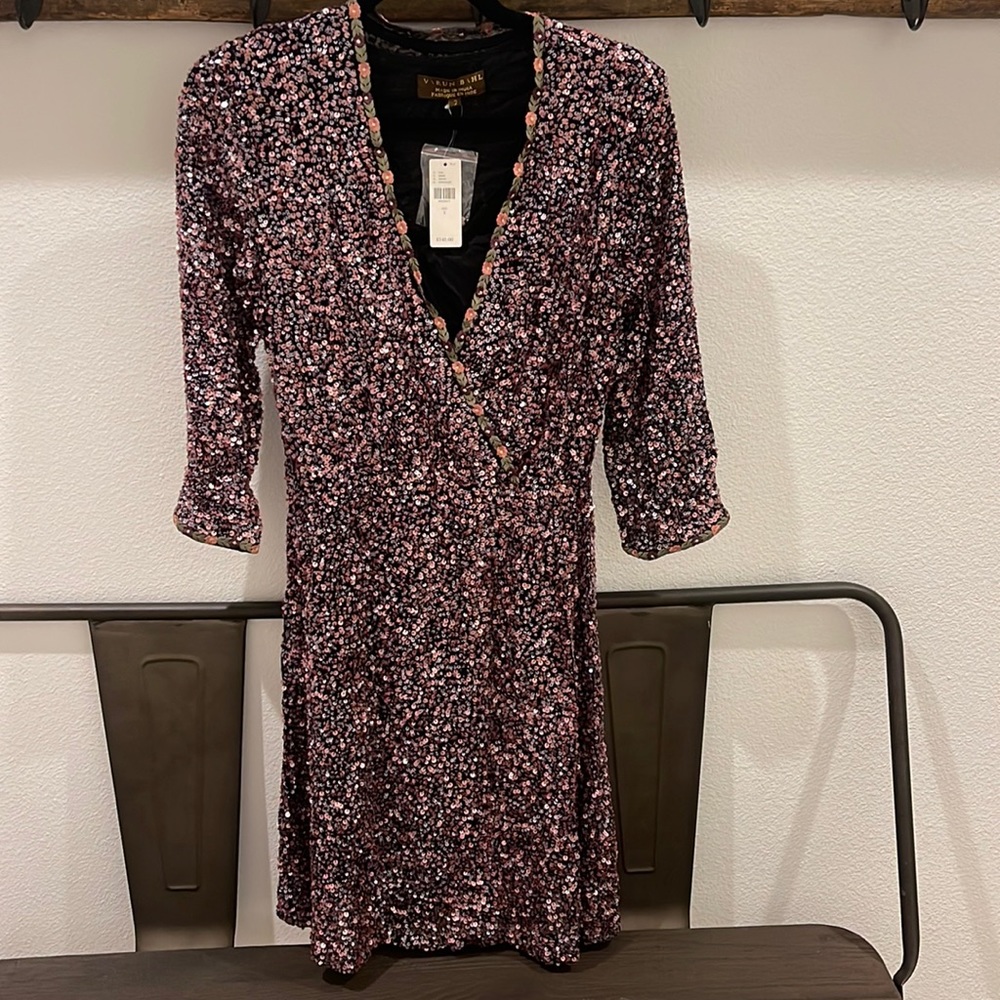 Anthropologie Varun Bahl sequin dress 3/4 sleeves and flower trim